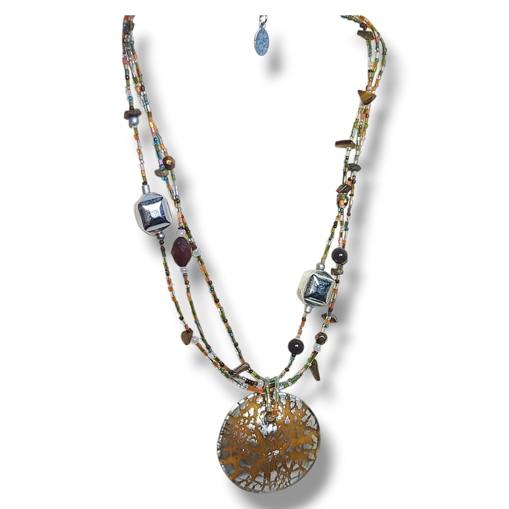 Vintage Multi-strand Beaded Necklace Large Round‎ Art Glass Pendant Signed Cg